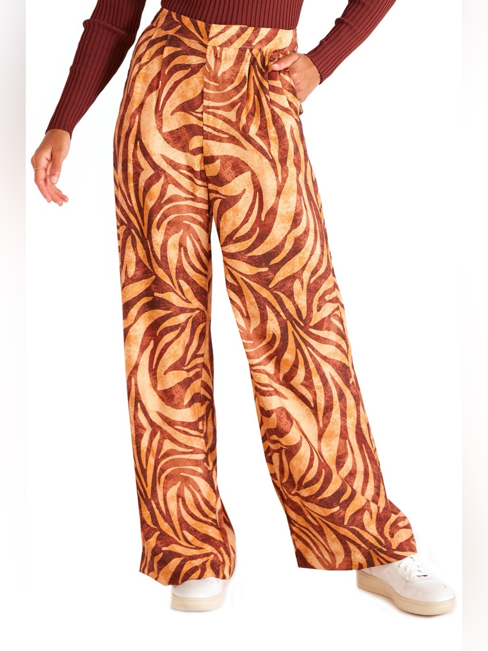 MINKPINK Wide Leg Zebra-Print Pants in Rust & Tan.
